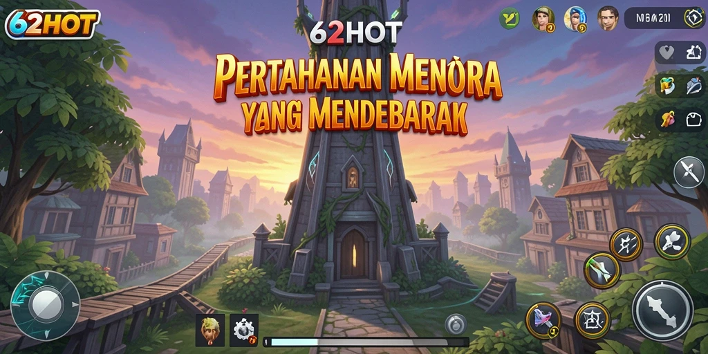 Screenshot gameplay 62HOT menampilkan menara pertahanan yang kuat.