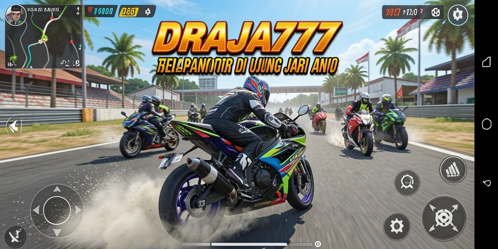 Screenshot utama DRAJA777 menampilkan aksi balapan motor yang mendebarkan.