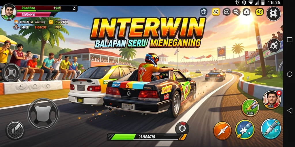 Screenshot INTERWIN menunjukkan aksi balapan yang mendebarkan dan mobil kustom.