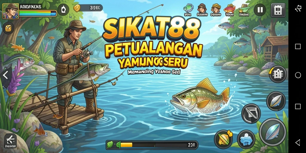 Gambar menampilkan pemain yang sedang asyik memancing di danau yang indah.